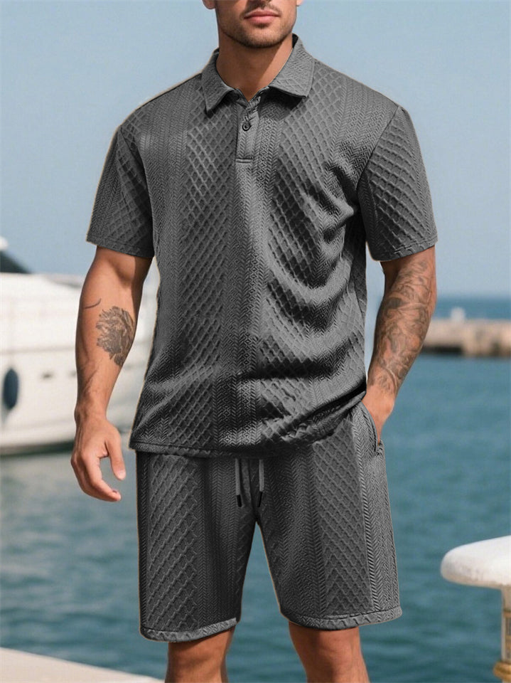 Men's Summer Beach Casual Diamond Pattern Jacquard Short Sleeve Shorts Set