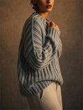 Womens Color Block Striped Ribbed Knit Oversized Pullover Sweater