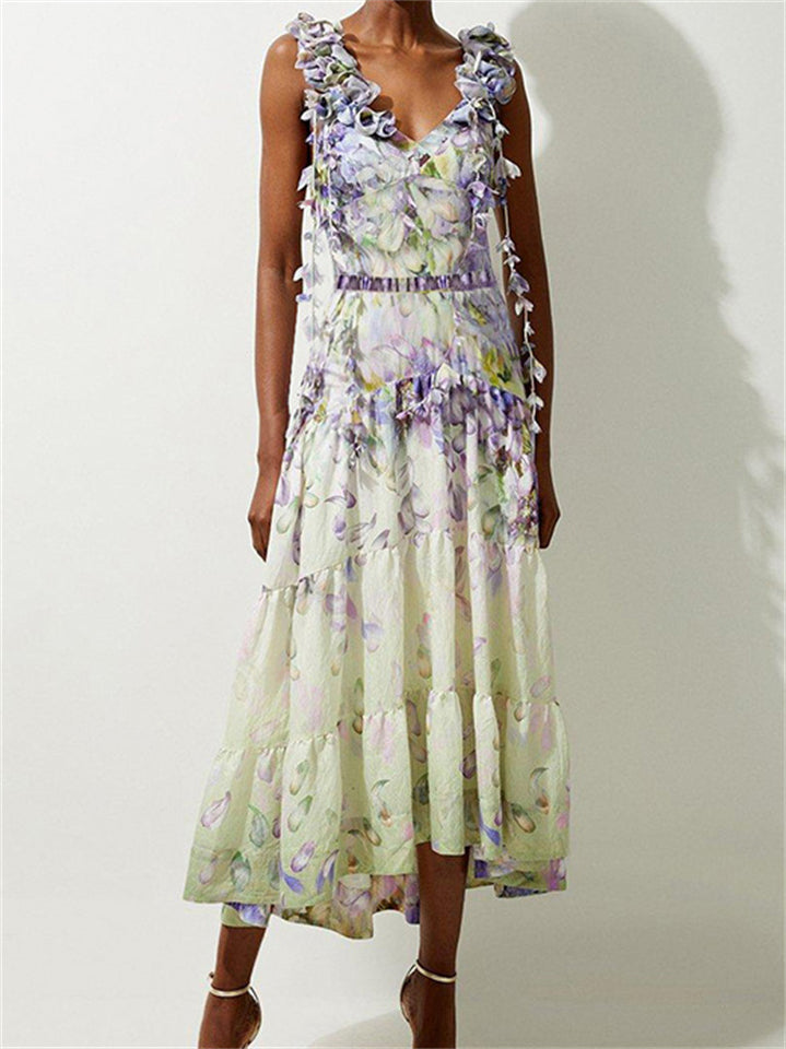 Women's French Style 3D Flower Strappy Swimsuit and Maxi Skirt Set