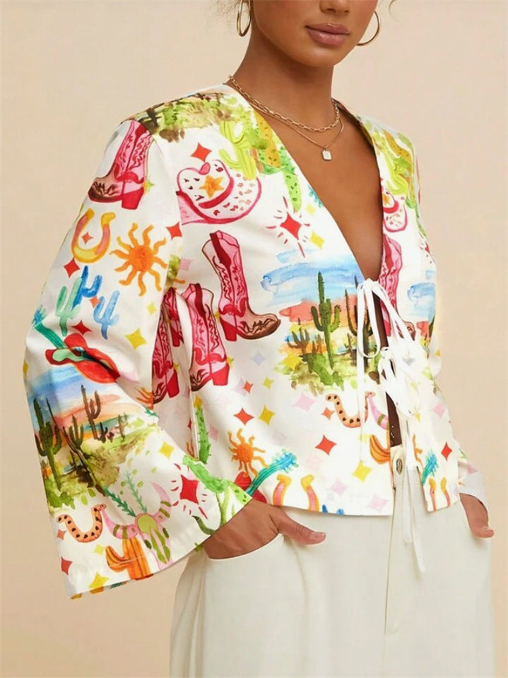 Women's Summer Holiday Style Print Beach Flared Sleeves Shirts