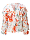 Women's Vintage Printed V Neck Ruffle Elegant Chiffon Shirt