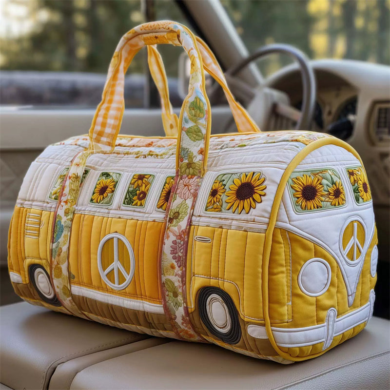 Hippie Bus Sunflower Pattern Quilted Duffel Bag