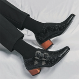 Men's Vintage Paisley Pattern Metal Buckle Chunky Heel Dress Shoes
