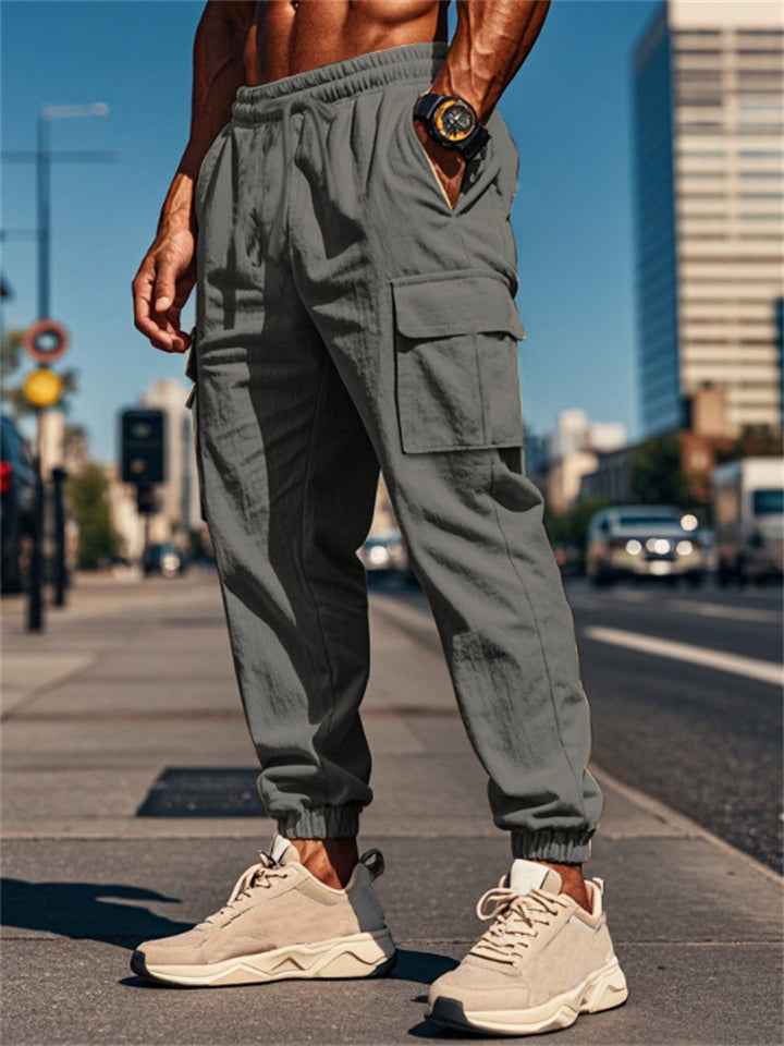 Men's Casual Solid Color Multi-pockets Drawstring Straight Jogger Trousers