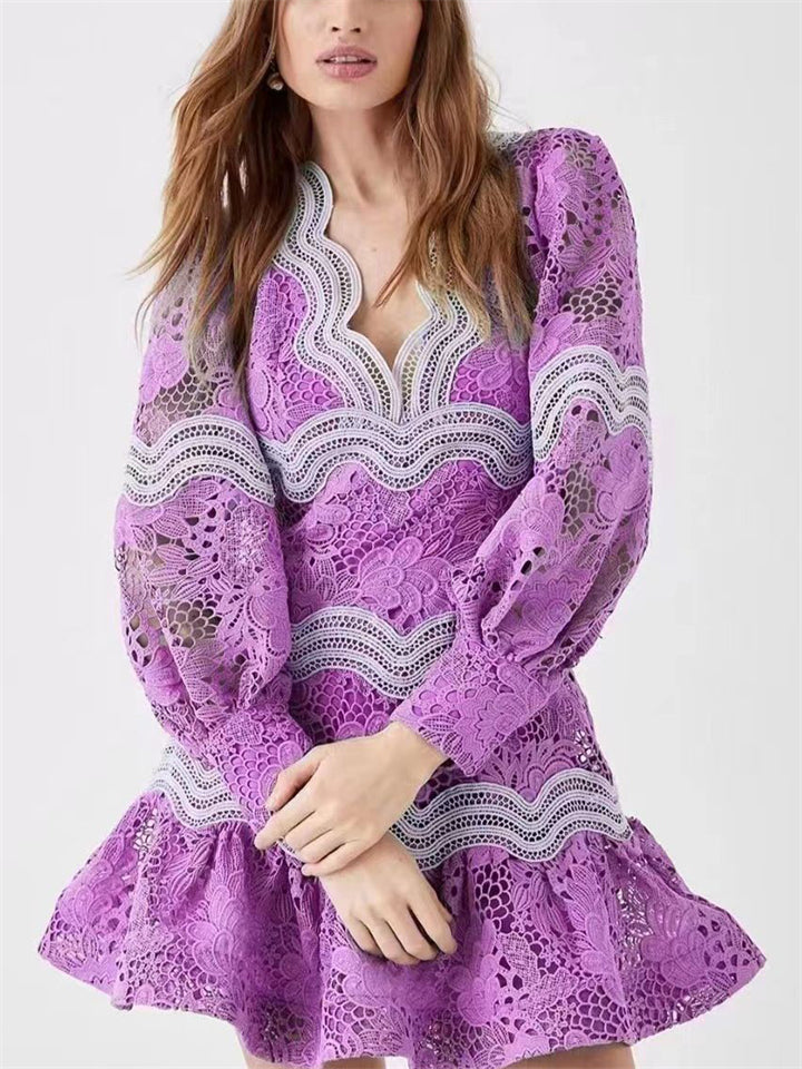 Hollow Trendy Puff Sleeve Patchwork Mini Dress for Lady