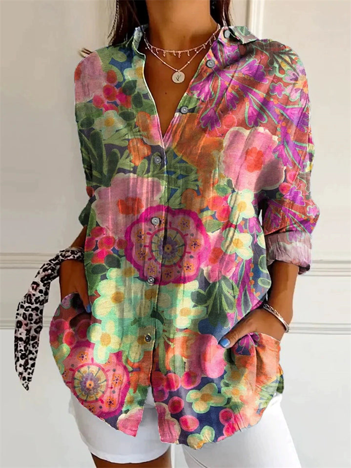 Women's Autumn Casual Floral Printed Button Up Long Sleeve Shirts