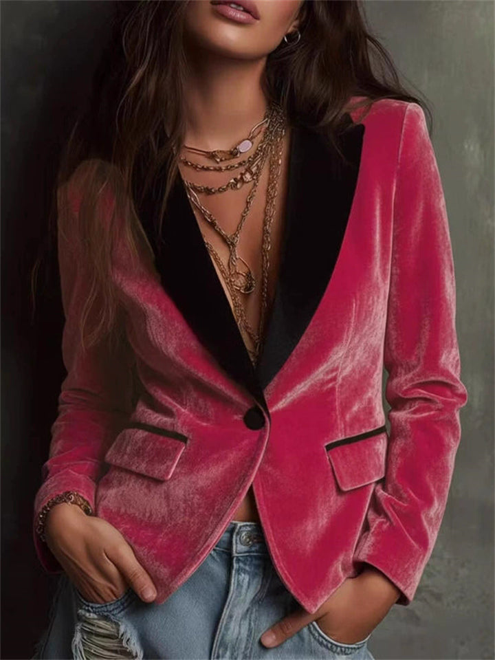 Pink Contrast Collar Velvet Single Breasted Blazer for Women