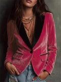 Pink Contrast Collar Velvet Single Breasted Blazer for Women