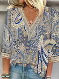 Women's Summer Comfy Printed Lace Patchwork V Neck Shirts
