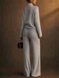 Women 2 Piece Cozy Ribbed Knit Turtleneck Top and Wide Leg Pants Set