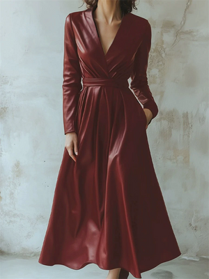 Women's Trendy V Neck Long Sleeve Tie-waist Slim Fit Big Hem Dress