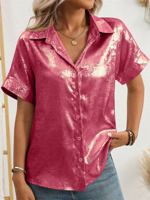 Women's Bling Solid Color Casual Button Up Lapel Blouses