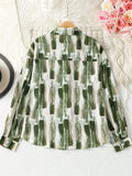 Women's Retro Casual Green Contrast Color Print Long Sleeve Blouses
