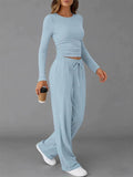 Women's Comfy Sporty Autumn Round Neck Long Sleeve Top and Drawstring Pants Set