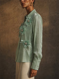 Women Metallic 3D Floral Button Down Long Sleeve Party Top