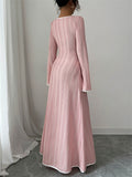 Spring Autumn Pink Contrast Trim Long Sleeve Maxi Dress for Women
