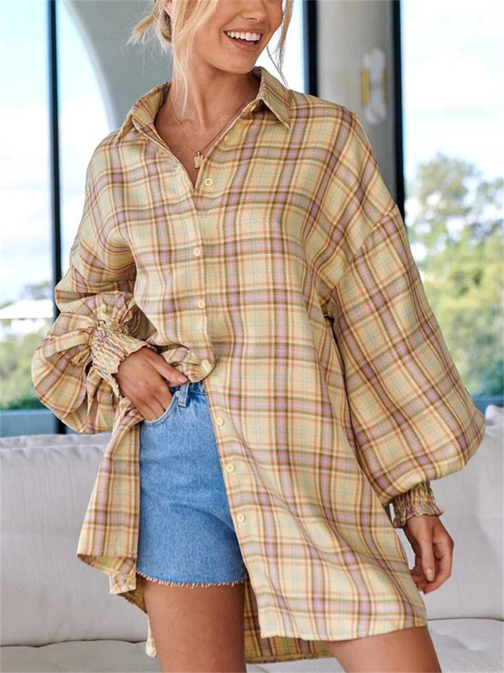 Women's Casual Plaid Puffed Long Sleeve Blouses