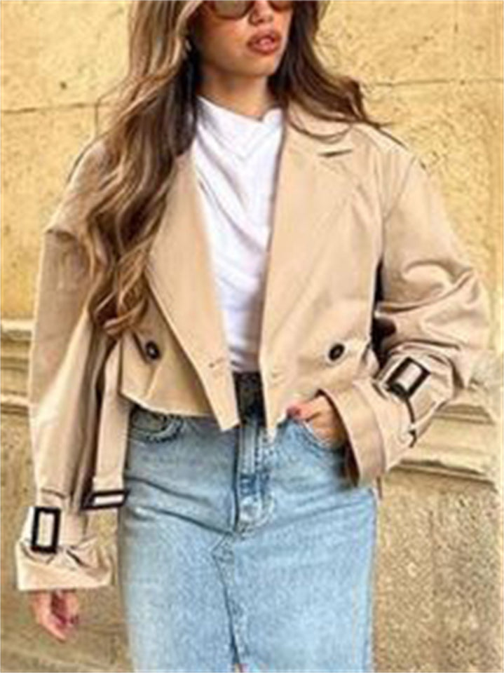 Women's Casual V Neck Double-breasted Short Trench Coat