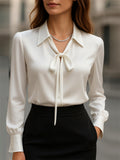Women’s Elegant Satin Bow Tie Office Blouse