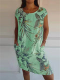 Women's Summer Causal Plants Printed Round Neck Knee Length Dress