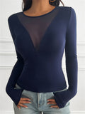 Women's Sexy Patchwork See-through V Neck Long Sleeve Undershirts