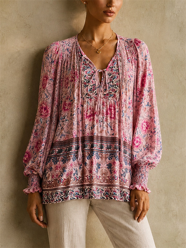 Womens Boho Floral V Neck Smocked Cuff Long Sleeve Blouse