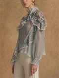 Women Blue Striped Asymmetric Ruffle Sheer Mock Neck Blouses