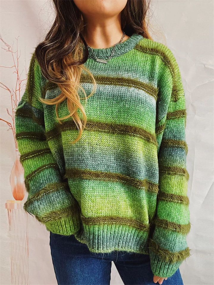 Women Gradient Striped Sweater Long Sleeve Pullover