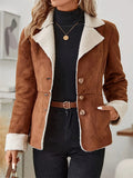 ‌Women's  Brown Single Breasted Fitted Faux Suede Fleece Lined Coats
