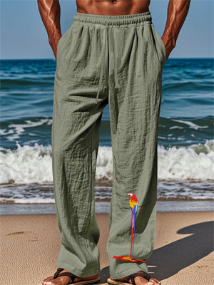 Mens' Parrot Print Elastic Waist Drawstring Wide Leg Pants