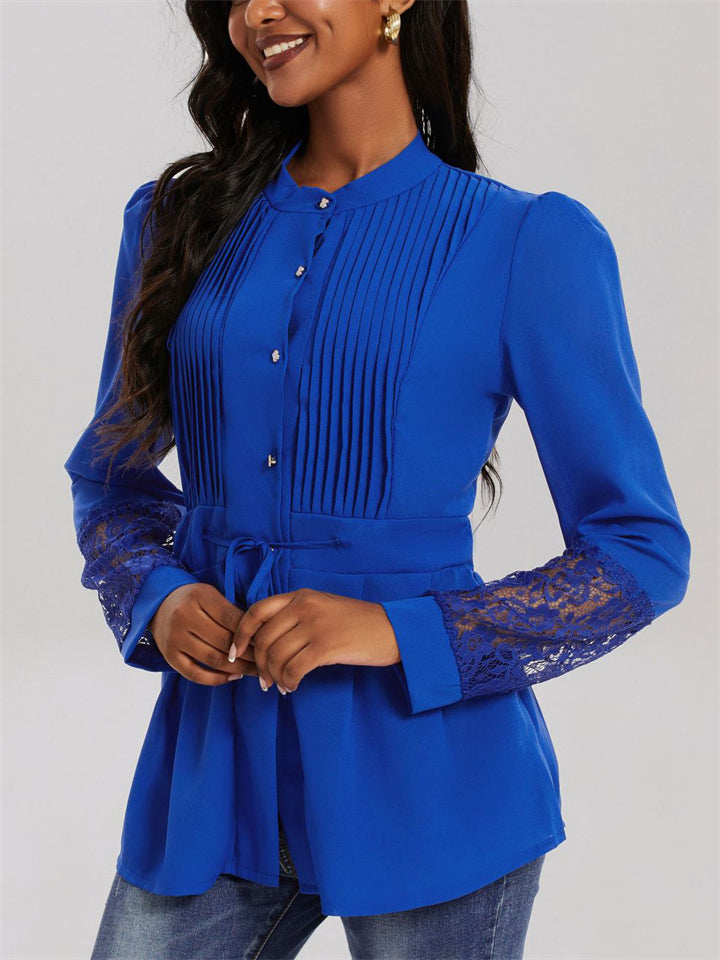 Women's Solid Color Lace Patchwork Pleated Button Up Blouses