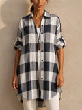 Women Buffalo Plaid Shirt Roll Tab Sleeve Long Tunic Blouse