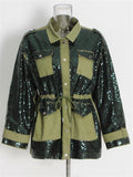 Women's Army Green Chic Sequin Multi Pocket Coat