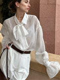 Women's French Style Tie Neck White See-through Blouses