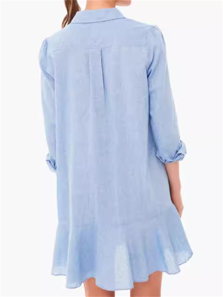 Women's Cotton Solid Color Pockets Long Sleeve Ruffled Hem Blouses