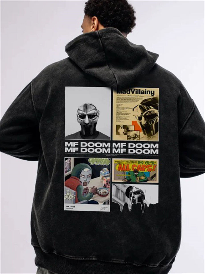 Men's Autumn Retro Black Printed Zip Up Long Sleeve Hoodie