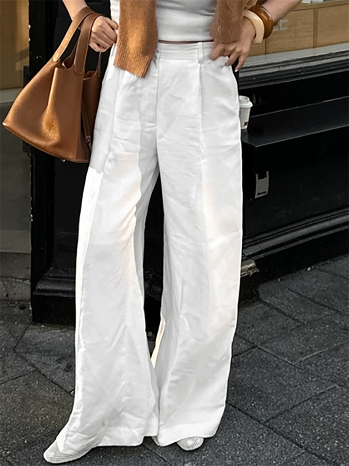 Women's Simple Spring White Cotton Blend Wide Leg Casual Pants
