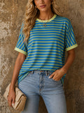 Womens Striped Colorful Oversized Short Sleeve Casual Tee