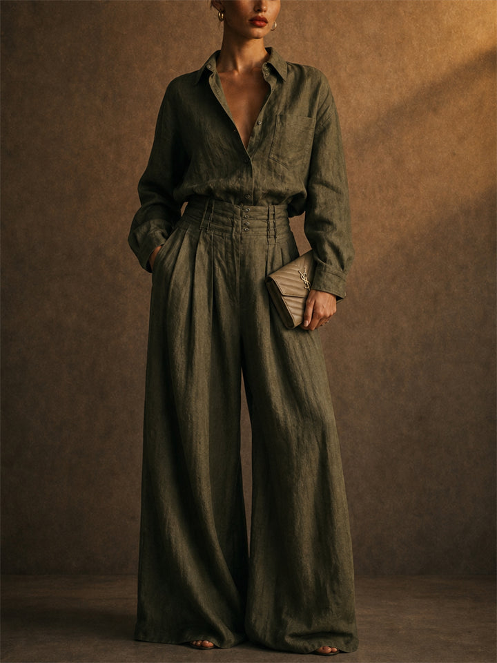 Women Vintage 2 Piece Set Button Down Shirt and Wide Leg Pants