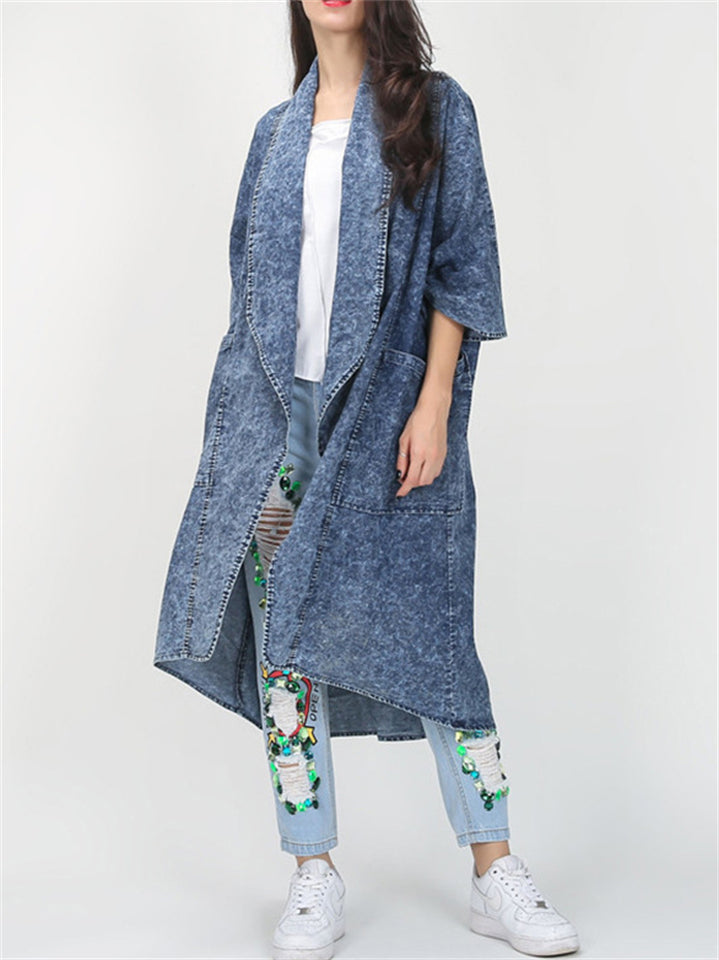 Women's Irregular Hem Lapel Cardigan Long Denim Coat