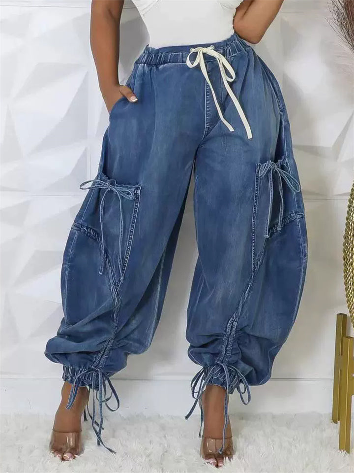 Women's Drawstring High Waist Baggy Tie Hem Joggers Denim Cargo Pants