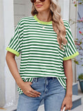 Women's Casual Contrast Color Striped Round Neck Short Sleeve T-Shirts