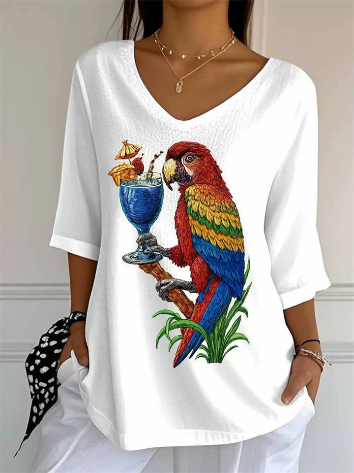 Women's Summer Casual Parrots Printed V Neck Half Sleeve Shirts