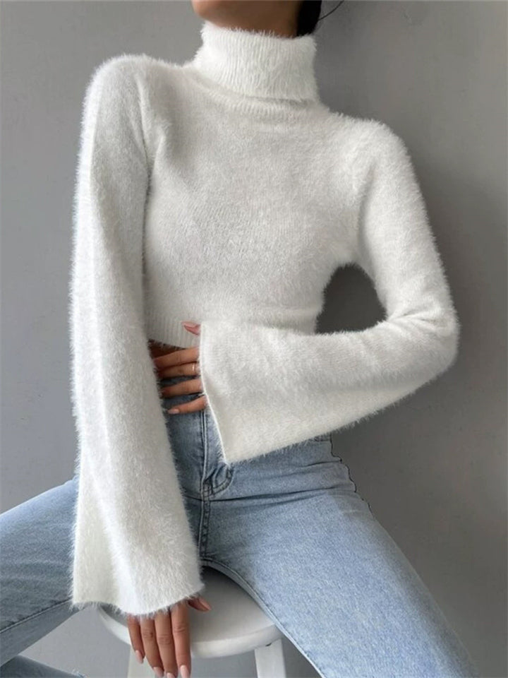 ‌White Autumn High-Neck Fuzzy Long-Sleeve Women's Knit Cropped Sweaters
