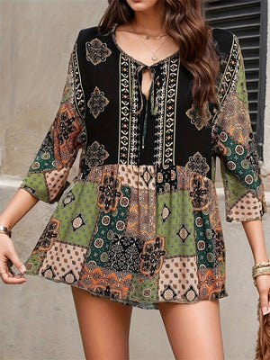 Women's Summer Holiday Style Contrast Color Printed Half Sleeve Shirt