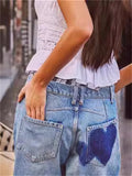 Women's Mid-Rise Heart & Five-pointed Star Pattern Jeans