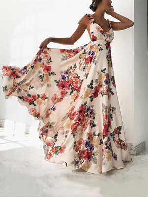 Ladies Summer V Neck Backless Floral Print Swing Dress