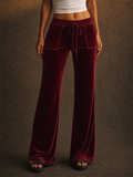 Women Velvet High Waist Y2K Drawstring Wide Leg Flared Pants