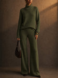 Women 2 Piece Cozy Ribbed Knit Turtleneck Top and Wide Leg Pants Set
