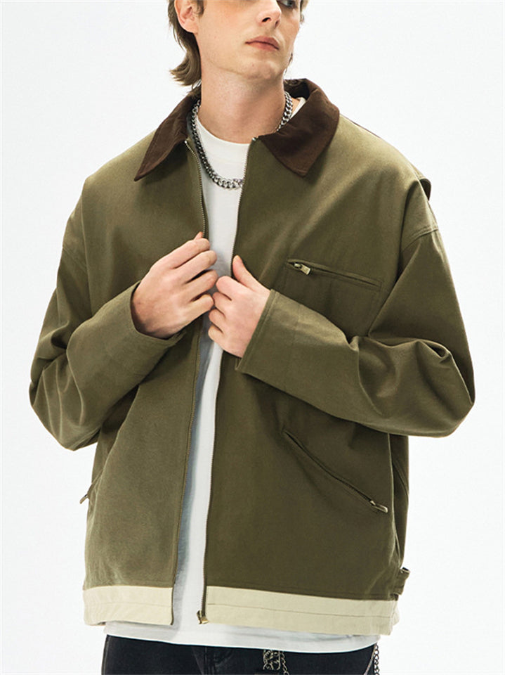 Men's Autumn Color Block Vintage Lapel Zipper Jackets with Pockets